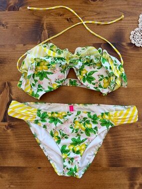 Victoria's Secret Lemon-Print Ruffle Bandeau Bikini - Yellow & Green